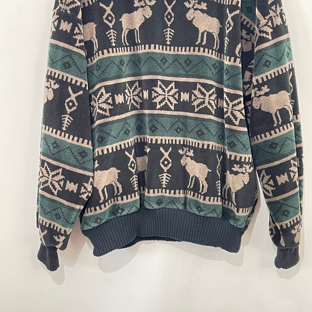 Norm Thompson Velour Pullover Moose Fair Isle 1/2 Zip Sweatshirt Shacket Large - Picture 10 of 12